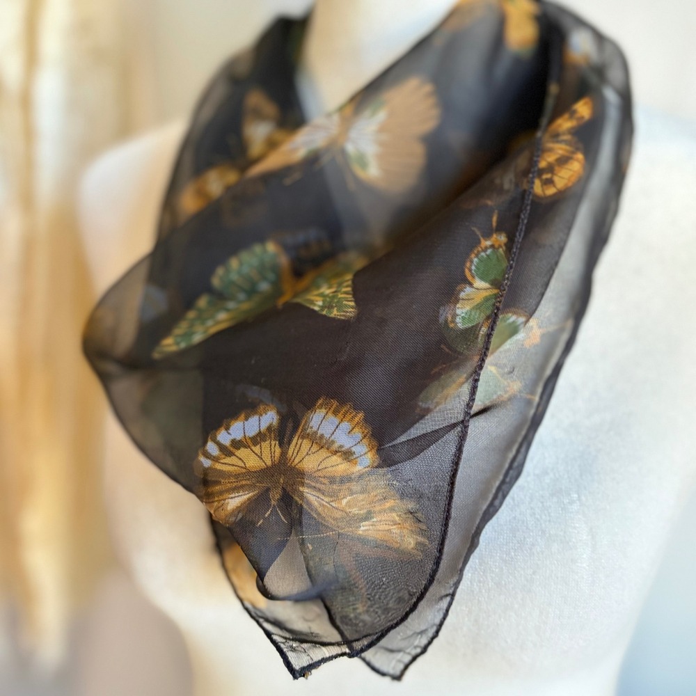 Vintage Whimsical Y2K Sheer Black Butterfly Print Square Neck Scarf Korea - Picture 2 of 6